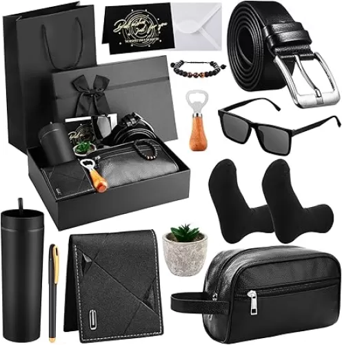 Skylety 13 Pcs Birthdays Gifts Baskets for Men Gift for Men Birthdays Gift Box 16 oz Tumblers Wallet Toiletry Bag Belt Sock Bottle Opener Bracelet Glasses Pen for Dad Boyfriend Husband