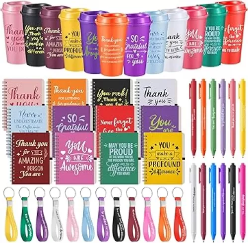 Skylety 48pcs Employee Appreciation Thank You Gifts Set Bulk Inspirational Gifts 16 oz Coffee Cups with Thank You Notebook Pen Keychains for Staff Team Teacher Friends