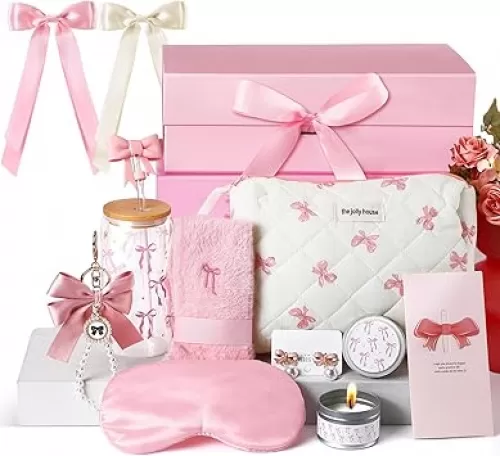 Skylety Pink Bow Gift Set Birthday Basket for Women Coquette Bow Teen Girl Happy Birthday Box Girl Gift for Her Friend Daughter Niece Women Sister Teenage