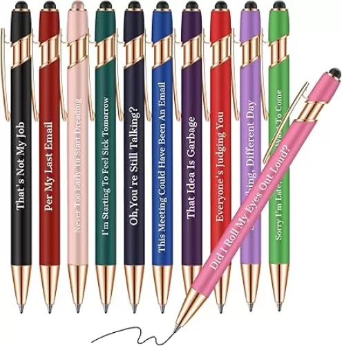 Snarky Funny Office Pens, 12 Pcs Negative Sarcastic Hilarious Quotes Work Ballpoint Pens with Stylus Tip for Colleague Co-workers Gift Black Ink (Style 1, 12)