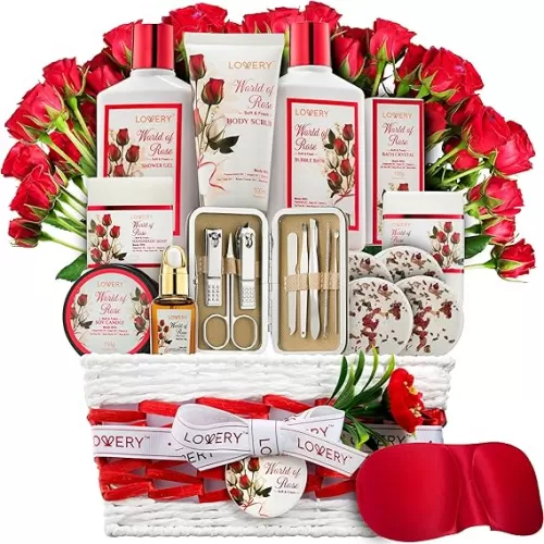 Spa Gifts for Women, Bath and Body Gift Set, Red Rose Gift Basket, 35 Piece Stress Relief Spa Kit, Thank You, Birthday, Mom Gifts with Nail Care Kit, Body Scrub, Bubble Bath, Bath Bomb, Lotions & More