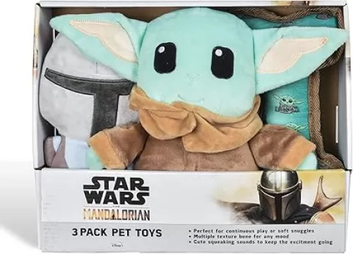 STAR WARS for Pets The Mandalorian 3 Piece Gift Set for Dogs, Includes 9" Mandalorian Plush, 9" GROGU Plush, and Oxford Bone Shape Toy with GROGU Print | Squeaky Dog Toys