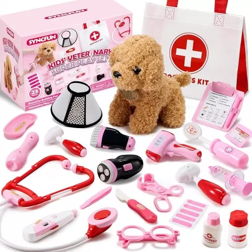 SYNCFUN Doctor Kit for Girls, 22 PCS Veterinarian Playset for Kids, Vet Kit with Dog Toy, Stethoscope, Storage Bag and Accessories, Pretend Role Play for Toddlers 3 4 5 6, Christmas and Birthday Gifts