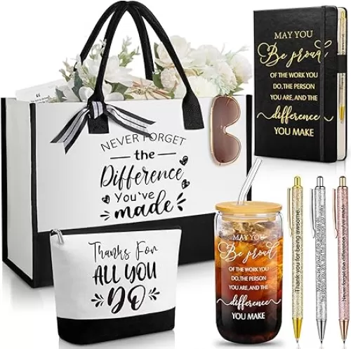 Talltalk 7 Pcs Employee Appreciation Gift Set for Women Thank You May You Be Proud Gift Glass Cup Journal Canvas Bag Makeup Bag Ballpoint for Teacher Nurse Volunteer Secretary Coworker Staff