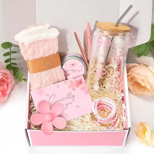 Teen Girl Birthday Gifts, Teenage Girls Basket Gift Sets for Teen Girls, Happy Birthday Box for Teenage Bow Daisy Glass Cup Set for Her Friend, Daughter, Niece, Granddaughter