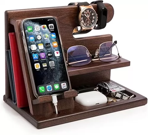 TESLYAR Wood Phone Docking Station for Men - Desktop or Nightstand Organizer - Birthday Gifts for Men, Dad - Anniversary Idea from Wife - Key Holder, Stand Wallet, Watch & Essentials (Antique Brown)