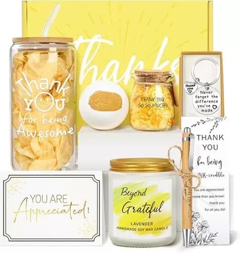 Thank You Gifts for Women, 7PCS Employee Appreciation Gift Baskets, Teacher Appreciation Gifts, Gift for Coworkers Teacher Principal Boss Secretary Nurse - Spa Gratitude Glass Cup Gift Box
