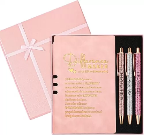 Thenshop 5 Pcs Social Worker Gift Journal with Pen Set Difference Maker Inspirational Leather Journal with 3 Ballpoint Pens Box Thank You Gift for Coworker Employee Teacher Nurse Staff(Pink)