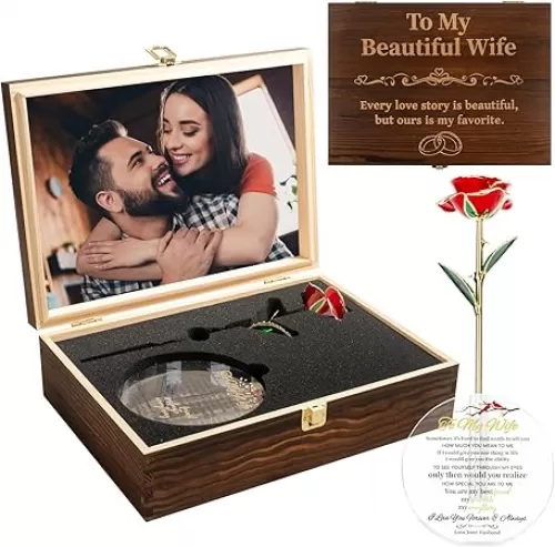 To My Beautiful Wife Women Engraved Wooden Gift Set Includes Crystal Base 24K Gold Dipped Rose for Birthday Gifts & Anniversary