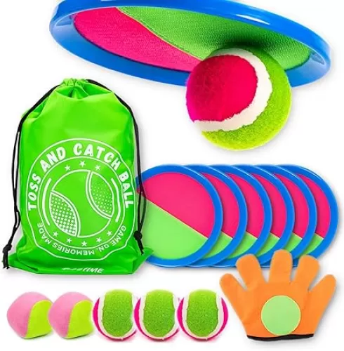 Toss and Catch Ball Set, Outdoor Games, Beach Games, Backyard Games, Lawn Games, Paddle Ball and Catch Game, Gifts for Kids/Adults/Family (6 Paddles, 4 Balls/Catching Gloves/Carrying Bag)
