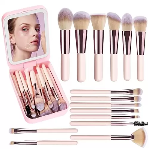 Trendy Teen Girl Gifts – Travel Makeup Brush Set with LED Light Mirror, Perfect Tween Birthday Gifts for Girls 11-16+ year old(Pink)
