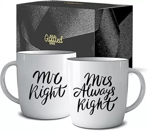 Triple Gifffted Mr Right Mrs Always Right Coffee Mugs Gifts Ideas for Couples, Wedding Anniversary, Engagement, Christmas, His & Hers, Bride and Groom, Parents, Newlyweds Bridal Shower, Ceramic 380ml