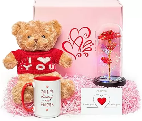 Ultimate Love Box 4 Piece Gift Set - 15oz Ceramic Mug, Soft Teddy Bear, Led Red Rose, Love Card - Romance Girlfriend Boyfriend Wife Husband Mom Dad Anniversary Birthday Valentines Christmas Gift
