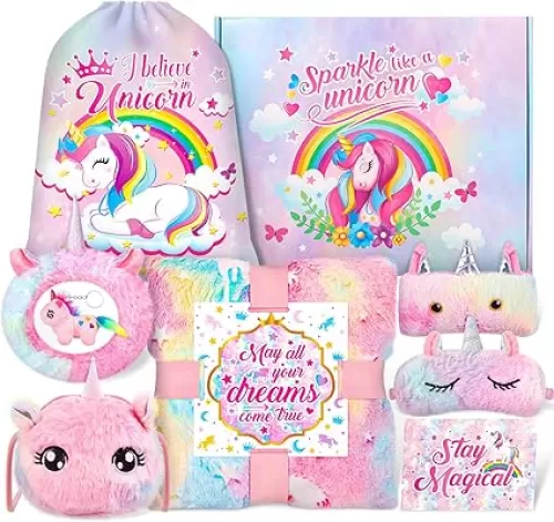 Unicorn Gift Set for Girl Age 3, 4, 5, 6, 7, 8, 9, 10, 11, 12, Birthday Gifts for Girls, Thanksgiving Day Gifts for Kids, Christmas Gfits Glow in Dark Unicorn Blanket Gift Set
