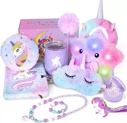 Unicorns Gifts for Girls Age 5 6 7 8 9 10 Years Old, Kids Unicorn Toy with Light Up Plush Star Pillow, Diary, Headband, Eye Mask, Water Bottle, Teen Soft Plush Toys Set for Birthday Gift Christmas