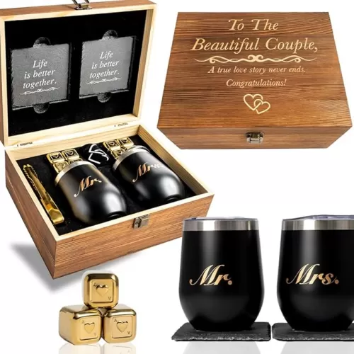 Unique Gifts for Couples - Engagement Wine Tumbler Gift Set - ‘To The Beautiful Couple’, Bridal Shower Gifts for Her - Wedding Gifts for Couple - Mr and Mrs Tumbler Set