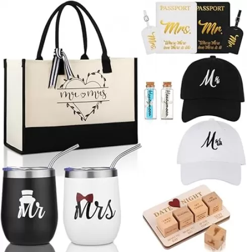 VAIPI Wedding Gifts for Couples 2025, Personalized Mr & Mrs Gifts for Honeymoon, Engagement Gift for Newlyweds with 12 oz Insulated Tumblers Caps Passport Holders Baggage Tags Wishing Bottles Tote Bag