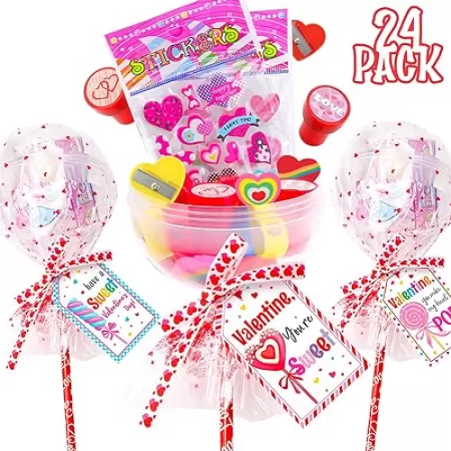 Valentines Day Gifts for Kids - 24 Pack Giant Lollipop-Shaped Stationery Set with Valentine