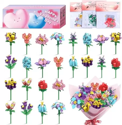 Valentines Day Gifts for Kids Classroom/School, 24PCS Building Blocks Flower Kits and Valentines Cards, Toys for 3+ Years Old Girls & Boys