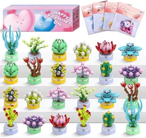 Valentines Day Gifts for Kids Classroom/School, 24PCS Building Blocks Succulent Plants Kits and Valentines Cards, Toys for 3+ Years Old Girls & Boys