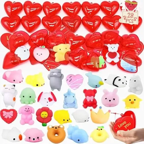 Valentines Party Favors Set, 28 Pcs Mochi Squishies Toys Filled Hearts and Valentines Day Cards for Kids Valentine