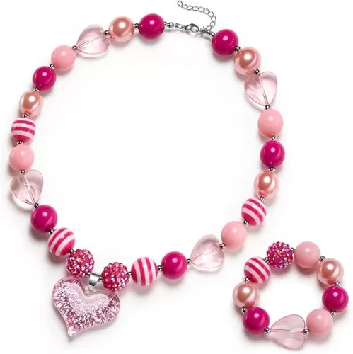 VCMART Girls Gilitter Heart Chunky Bubblegum Bead Necklace & Bracelet Set Fashion Jewelry Pendant with Gift Box