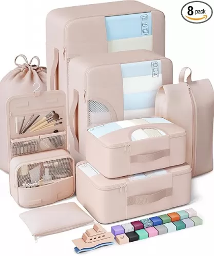 Veken 8 Set Packing Cubes for Travel, Beach Vacation Essentials Accessories for Cruise Ship, Suitcase Organizer Bags for Luggage with Hanging Toiletry & Shoe Bag, Birthday Gifts for Women Mom Her