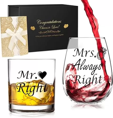 Wedding Engagement Gifts for Couples: Mr & Mrs Wedding Glass Set Bridal Shower Gifts - Whiskey Wine Glasses for Bride Bachelorette Registry Gift