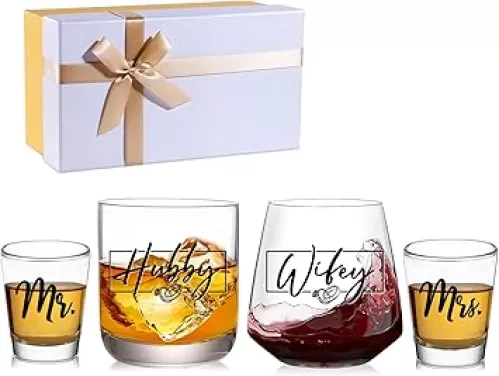 Wedding Gifts for Couples 2025, Bridal Shower Gifts, His and Hers Glass, Mr and Mrs Glass, Drinking Glasses Set, Hubby and Wifey Gift, Couples Gift for Bride and Groom