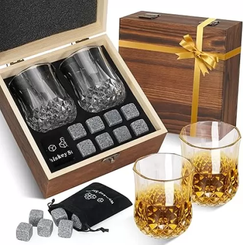 Whiskey Glass and Stones Set, Whiskey Stone Gift Sets, Whiskey Glasses Set of 2 Stones, Whiskey Glasses Sets for Men Dad Birthday Anniversary Christmas, Drinking Gift for Husband Party Holiday Present