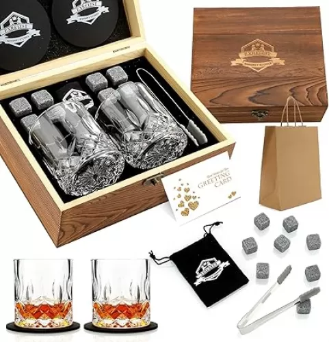 Whiskey Stones Gift Set - Whiskey Glass Set of 2 - Granite Chilling Whiskey Rocks - Scotch Bourbon Box Set -Father