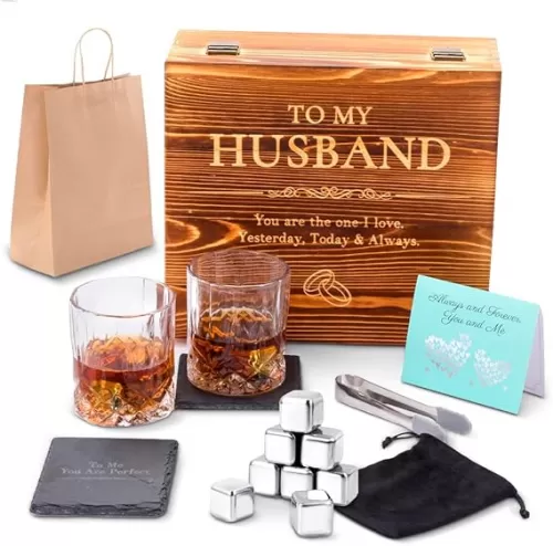 Whiskey Stones Gift Set Anniversary Gi fts for Husband | Him | Men, Husband Birthday | Wedding Anniversary | Valentine