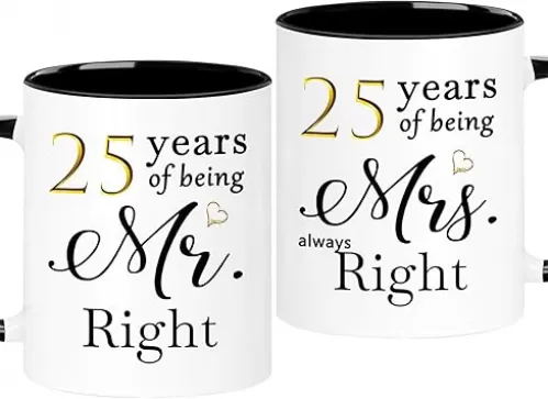 WOSIWULA 25 Year Anniversary Birthday Coffee Mugs Set of 2, 25th Wedding Anniversary Decorations Gifts Presents for Couple Parents Women Men Wife Husband Her Him, 25th Birthday Gifts, 11oz
