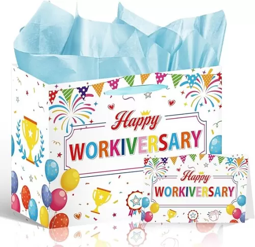 Wxiben Happy Workiversary Gift Bag - Work Anniversary Decorations for Men Women, Party Favor Wrapping Bag with Handle Tissue Paper Greeting Card, Office Coworker Work Anniversary Party Decor Supplies