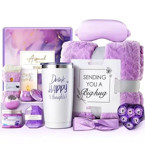 YFONG Spa Gifts for Women, Happy Birthday Gifts for Women, Self Care Get Well Soon Gifts Basket for Mom, Wife, Girlfriend, Sister, Best Friends, Thinking of You Purple Relaxing Gift Set - Lavender