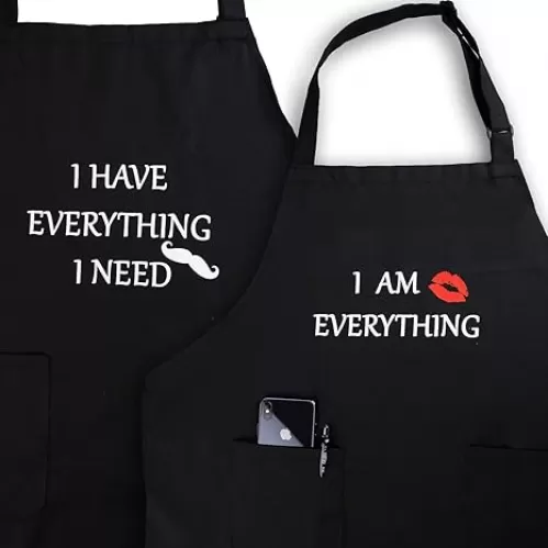 YIKA Apron Couples, Valentines Day Gifts for Couples: Waterproof Aprons for Women Men, with Adjustable Neck Strap with Extra Long Ties, 2 Pockets (Black)