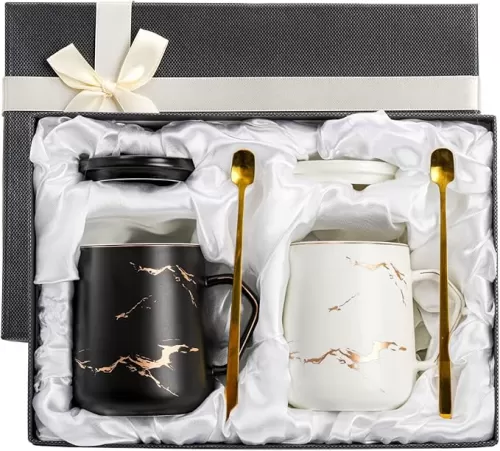 ZENFUN 2 Pack Ceramic Mug Set for Couple, Coffee Mugs with Gift Box, Engagement Wedding Gift 13.5 oz Porcelain Mug Set with Lid and Gold Spoon Marbling, His and Hers(Black&White)