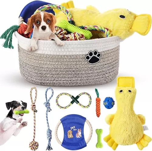 Zopeal Puppy Dog Toy Gift Storage Basket with Dog Toys Set Chew Toys Birthday Gift Basket Teething Interactive Squeaky Plush Duck for Teething Small Medium Large Dogs(Khaki)