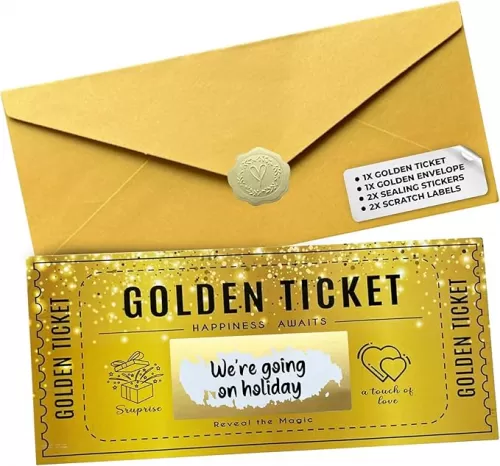 | Golden Ticket Scratch Card | Personalized Gift Set for Birthdays, Movie Vouchers & Special Messages | Elegant Gold Design