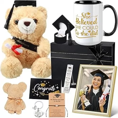 10 Pcs 2025 Graduation Gifts Set for Him Her Include Coffee Mug Bear Greeting Card Towel Bear Keychain Graduation Cap Shaped Ring Box Photo Frame Bracelet Bookmark for Graduated Women Girl