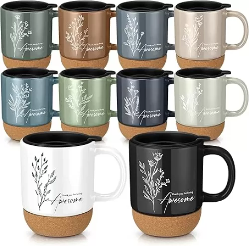 10 Pcs Appreciation Gifts for Employee Bulk Thank You Mug 13.5 oz Ceramic Coffee Mug with Lid Housekeeping Week Gift for Nurses Women Coworker Secretaries Volunteer Teacher Team(Awesome)