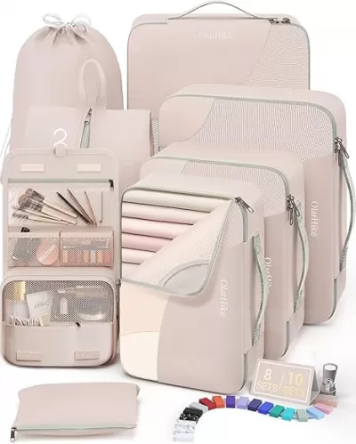 10 Set/8 Set Packing Cubes for Travel, Gifts for Women Mom, Anti-Tearing Suitcase Organizer for Luggage with Shoe & Hanging Toiletry Bag, OlarHike Vacation Essentials & Accessories for Cruise Ship, Cream