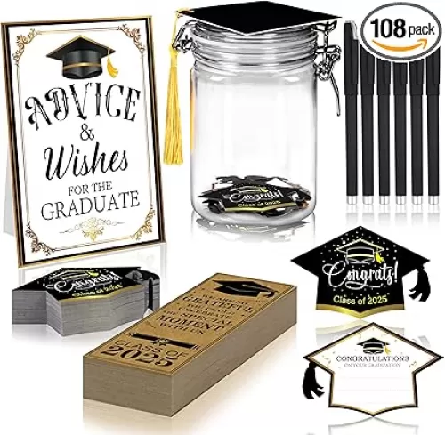 108Pcs Graduation Jar Advice Cards Gifts Class of 2025 Set with Table Sign Bookmarks Pens for College High School Grad Party Favors Decorations