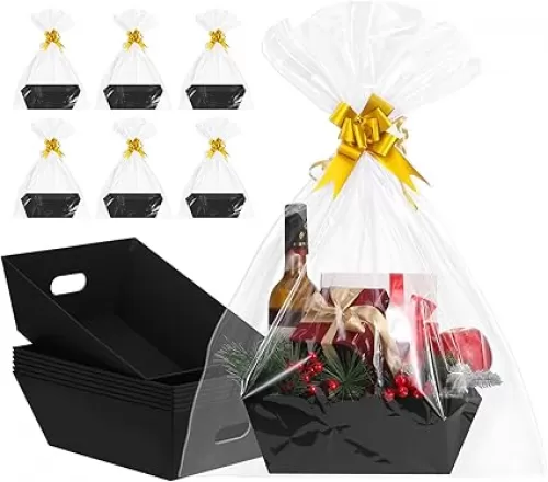 10PACK Black Baskets For Gifts Empty, 10x12”Thick Kraft Gift Basket with 10 Bows 10 Bags Empty Gift Baskets for Christmas, Easter, Birthdays, Snacks, Farmers Market
