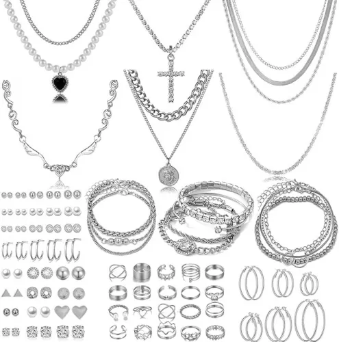 116 Pcs Silver Jewelry Set with 7Pcs Layered Necklace, 11 Pcs Bracelet and 22pcs Hoop Earrings , 22pcs Knuckle Rings, 54pcs stud earrings Jewerly set For Women Valentine Anniversary Birthday Friendship Gift