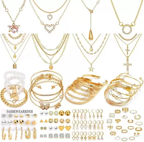 116Pieces Gold Plated Jewelry Set with 8 PCS Necklace, 22 PCS Bracelet, 66 PCS Stud Dangle Earring, 20 Pcs Knuckle Rings for Women Valentine Anniversary Friendship Gifts (GOLD SET)