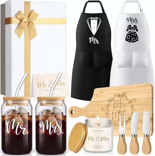12 Pcs Wedding Gifts for Couples Mr Mrs Glass Cups Aprons Charcuterie Board Candle Butter Knife Box Set for Bridal Shower Engagement Anniversary Newlywed Bride Groom His and Her