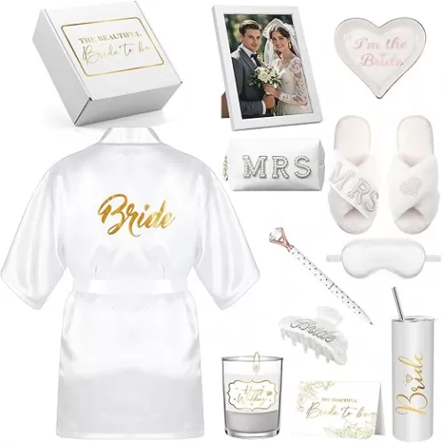 12 Pieces Bride To Be Gifts Set Bride Robe Slippers Hair Clip Cosmetic Bag Bride Gift Box Cup Photo Frame Jewelry Tray Pen Eye Mask Bride Gifts for Wedding Bachelorette Party Bridal Shower