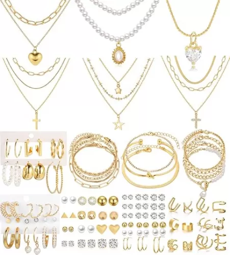 120PCS Gold Jewelry Sets For Women, With 7 Necklace, 12 Bracelet, 30pcs Hoop Earring, 59pcs stud earrings and 12pcs cuff Ear Earrings Friendship for Happy Gifts