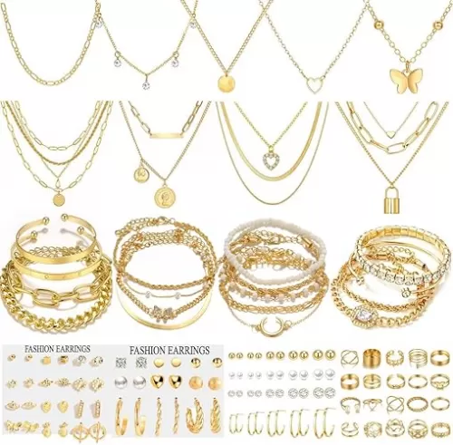 139pcs Gold Jewelry Set Costume Jewelry With 11 PCS Necklace, 16 PCS Bracelet, 90 PCS Stud Hoop Earring 22 Pcs Rings for Women Friendship Gift Set